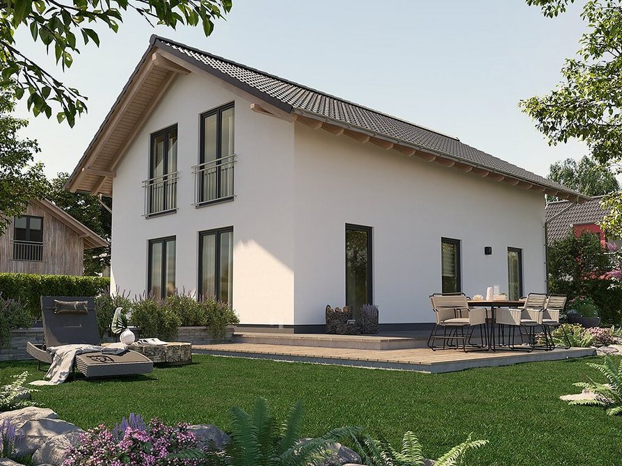 Das Bodensee 129 Süd besticht durch bodentiefe Fenster und Dachüberstand für einzigartigen Wohnkomfort und modernes Design.